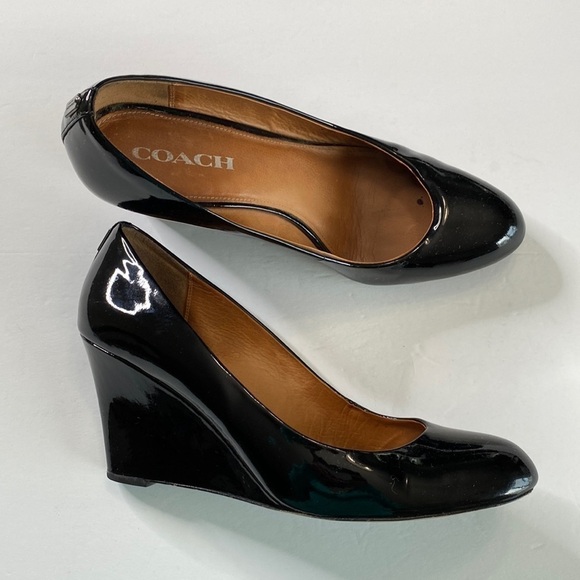 Coach patent leather wedge heels Sz 9 nine black - Picture 1 of 11